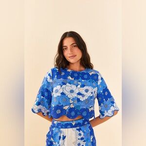 Farm Rio Blue Flower Stripes Crop Top NEW